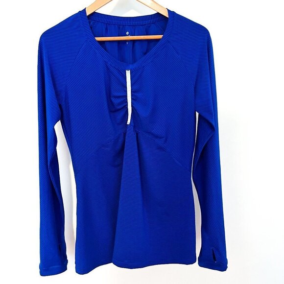 Athleta Tops - Athleta long sleeve bright blue striped reflective gathered bust line Small